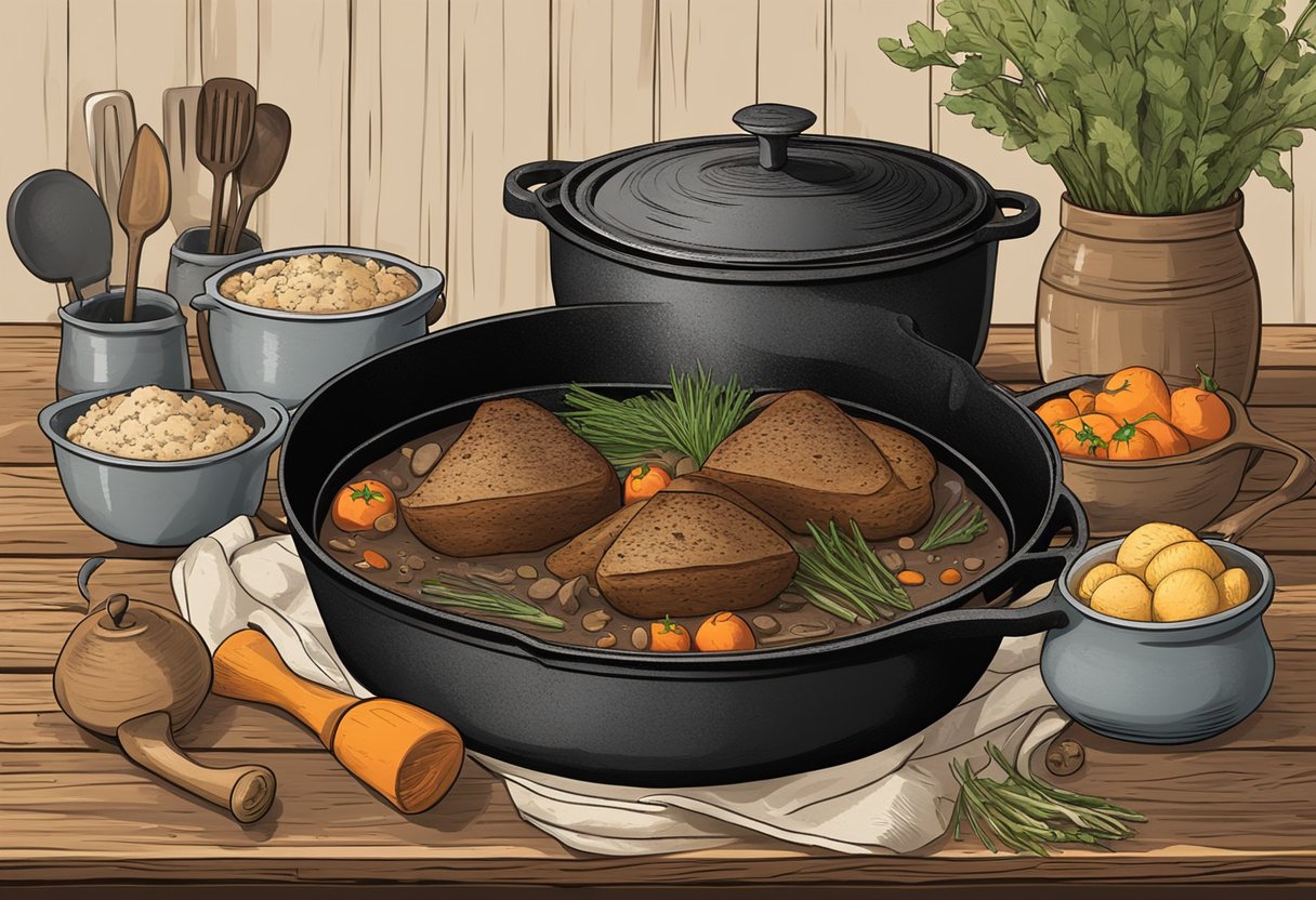 A cast iron dutch oven with distinct markings and symbols sits on a rustic wooden table, surrounded by cooking utensils and ingredients