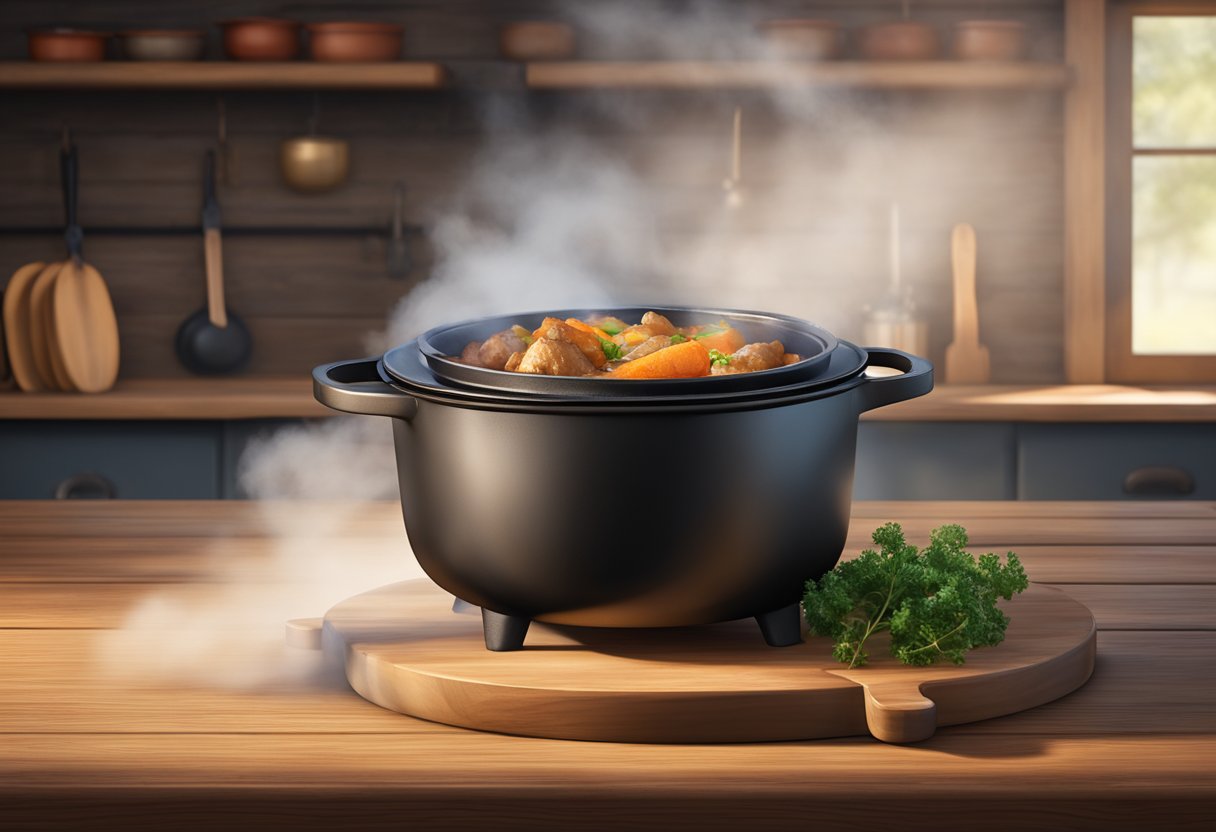 A cast iron dutch oven sits on a rustic wooden table, with its lid slightly ajar and steam rising from the hearty stew inside