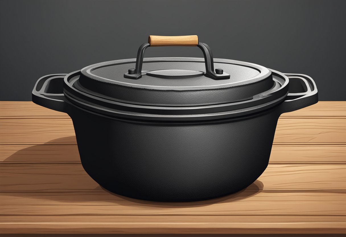 A sturdy cast iron dutch oven sits on a wooden table, with its lid slightly ajar. The rough texture of the material and the sturdy construction are evident