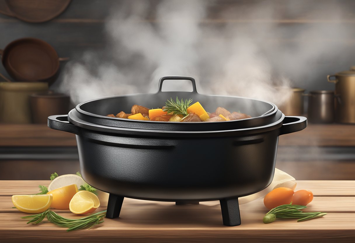 A lodge cast iron dutch oven sits on a rustic wooden table, with steam rising from the hearty stew inside. The lid is slightly ajar, revealing the delicious contents within