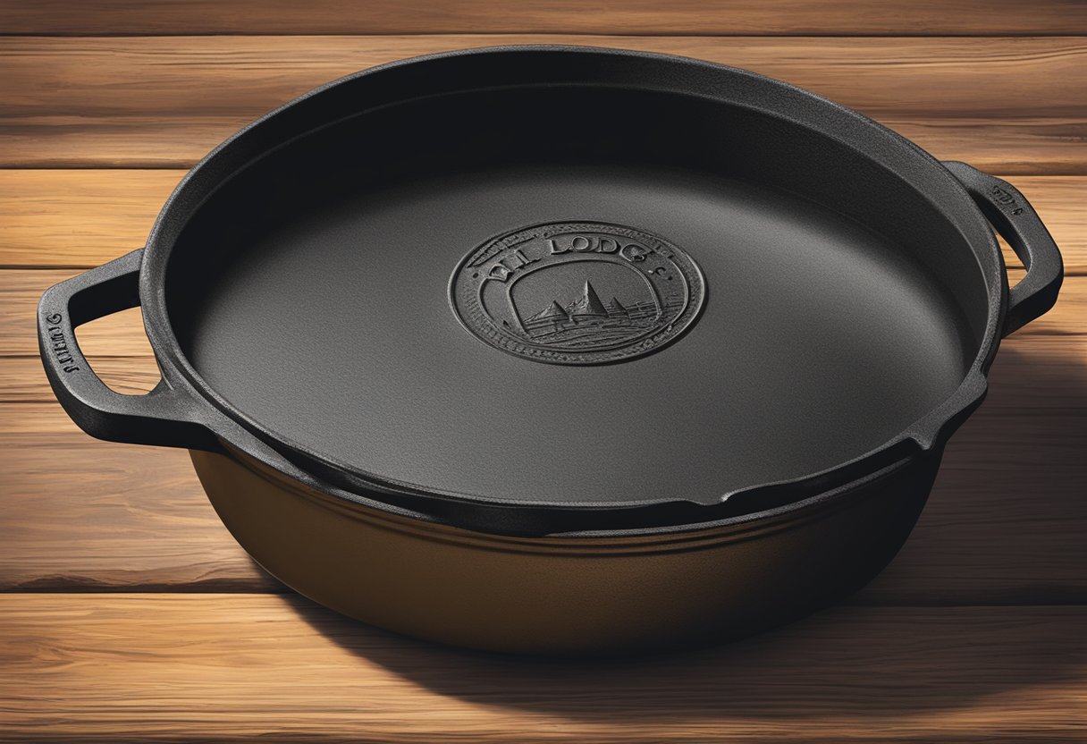 A well-used Lodge cast iron Dutch oven sits on a rustic wooden table, its seasoned surface showing signs of care and maintenance. The iconic Lodge logo is prominently displayed on the lid