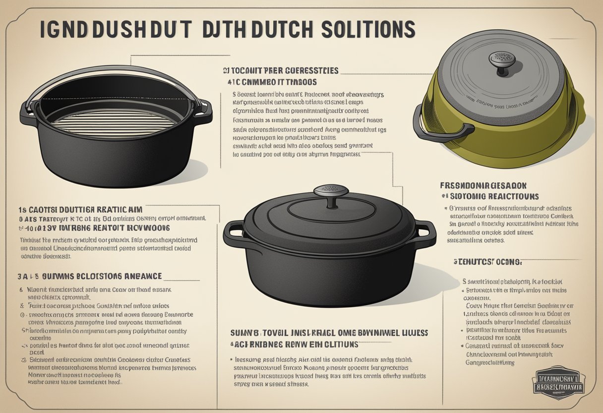 A cast iron dutch oven with identifying features displayed next to a list of common issues and their solutions