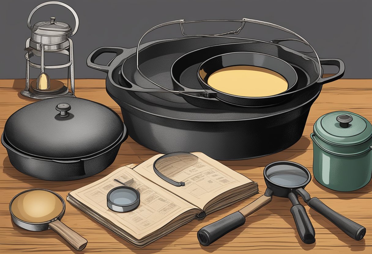 A collection of vintage Lodge cast iron Dutch ovens arranged on a wooden table, with a magnifying glass and identification guide book nearby