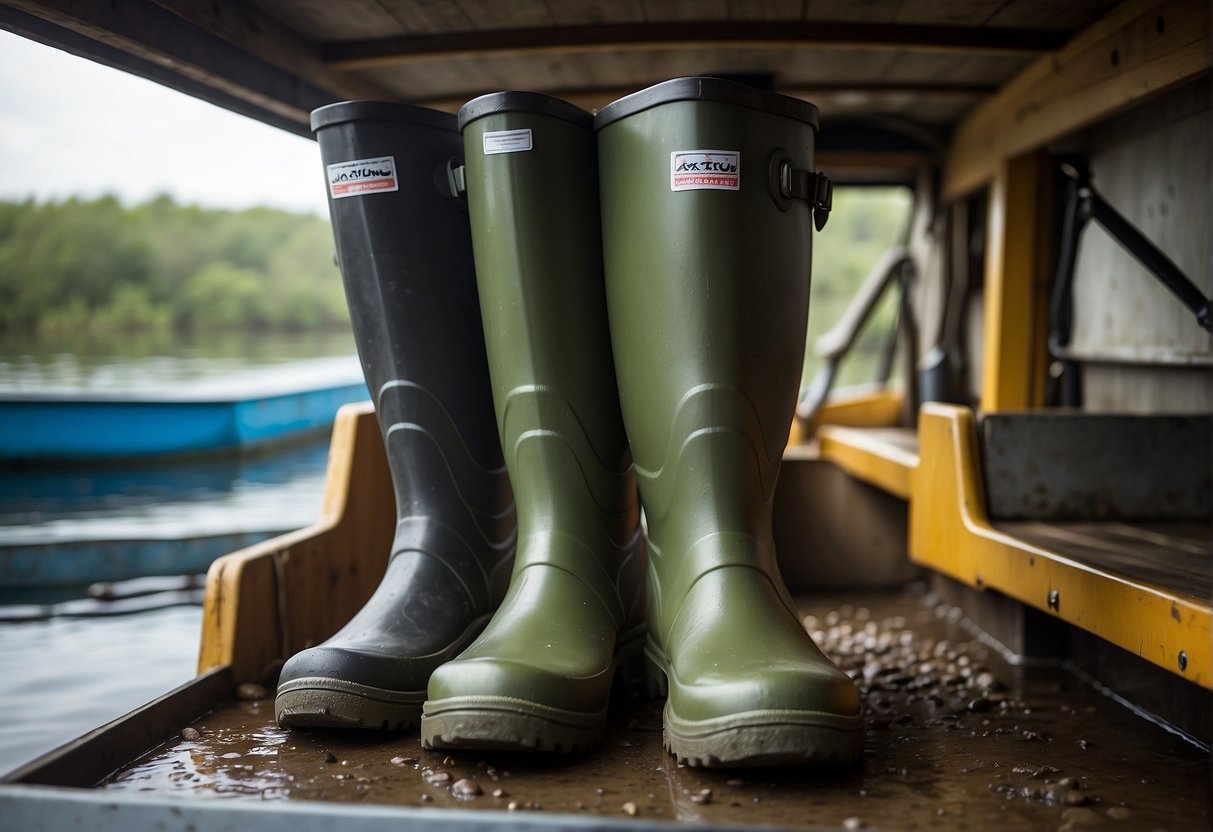 Two pairs of rubber boots, one labeled Xtratuf and the other Grundens, stand side by side in a muddy fishing boat