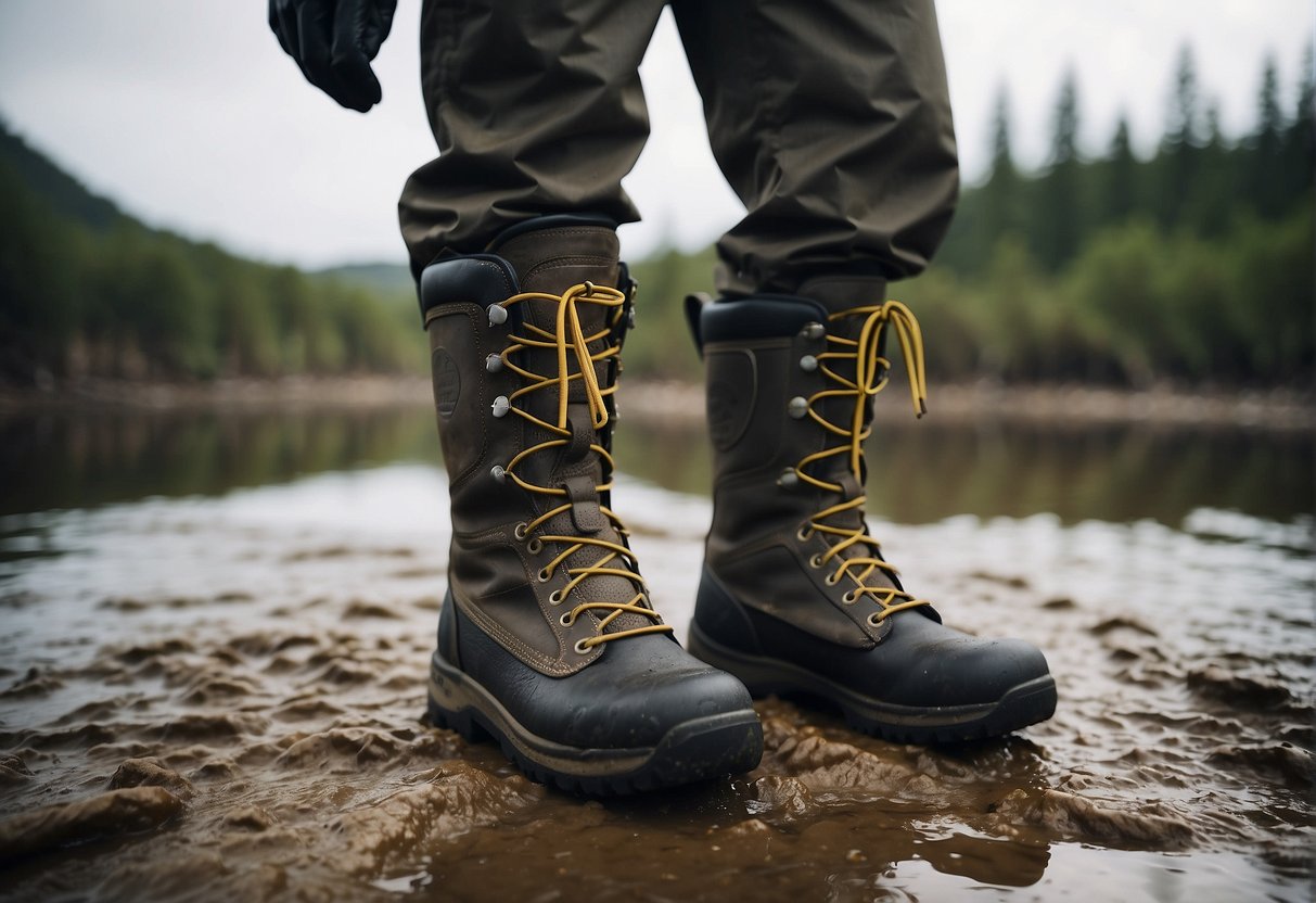 Two rugged boots, Xtratuf and Grundens, endure harsh conditions side by side. Mud, water, and debris challenge their performance and durability