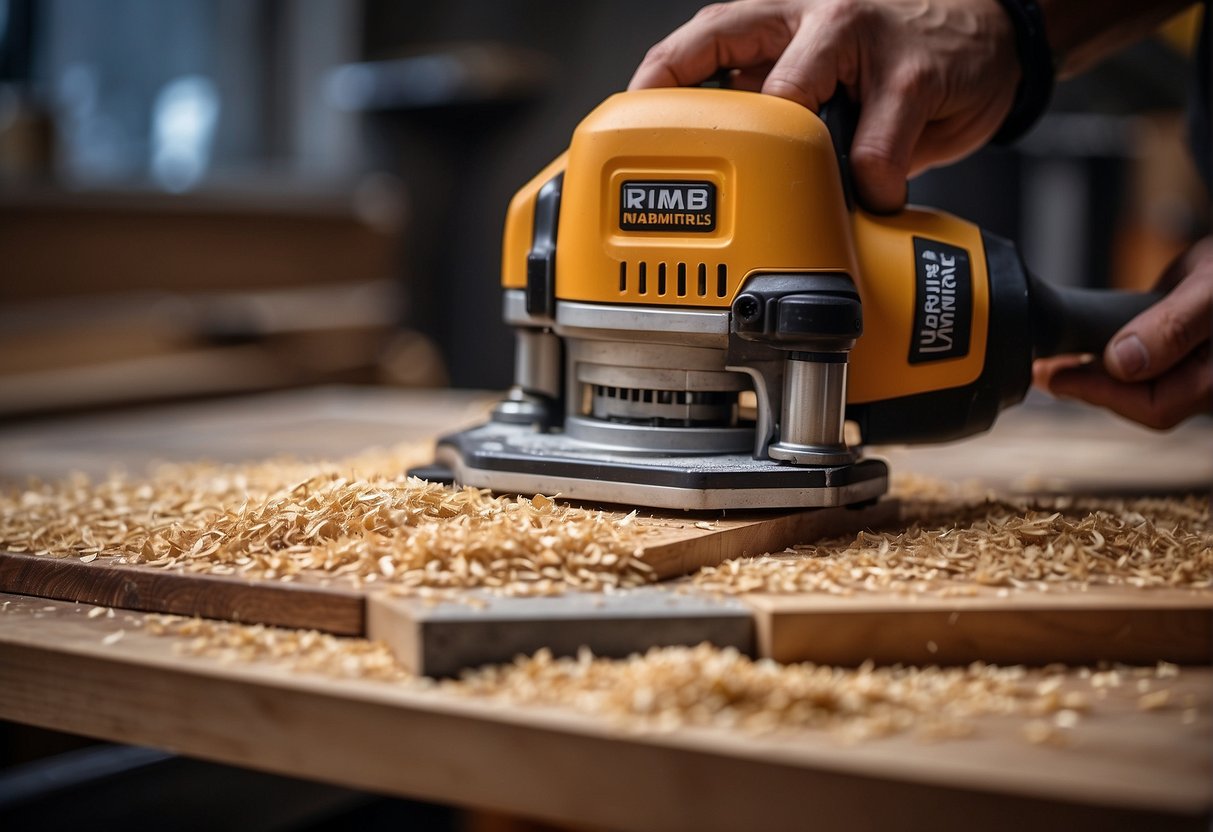 A hand holds a cut out tool and a router on a workbench. Wood chips and sawdust scatter the surface