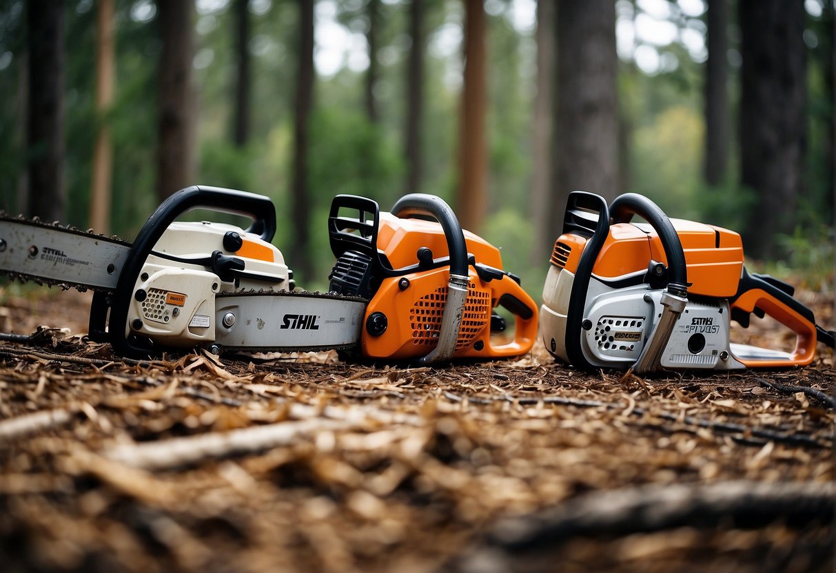 Two chainsaws, the Echo CS-590 and the Stihl, face each other in a forest clearing. Trees loom in the background, and the ground is scattered with wood chips and sawdust