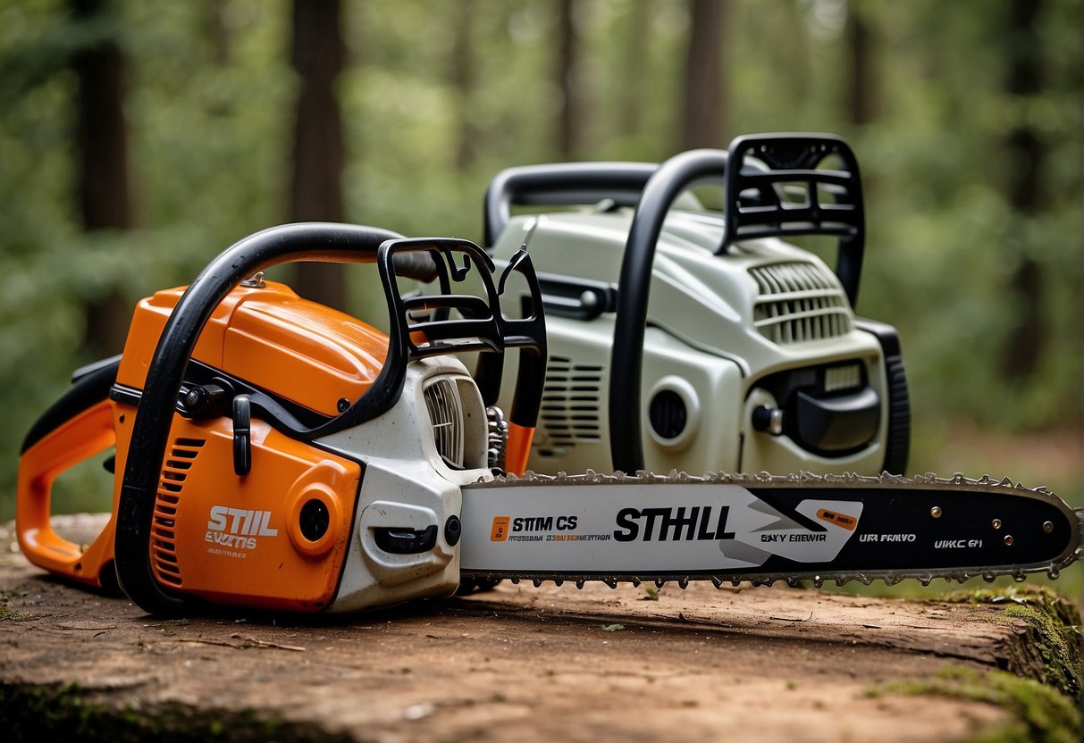 Two chainsaws side by side with labels "Echo CS-590" and "Stihl" above them. Each saw is surrounded by various technical specifications and features