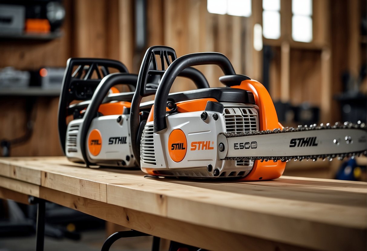The Echo CS-590 and Stihl chainsaws sit side by side on a workbench, their sleek designs and ergonomic features highlighted under bright studio lighting