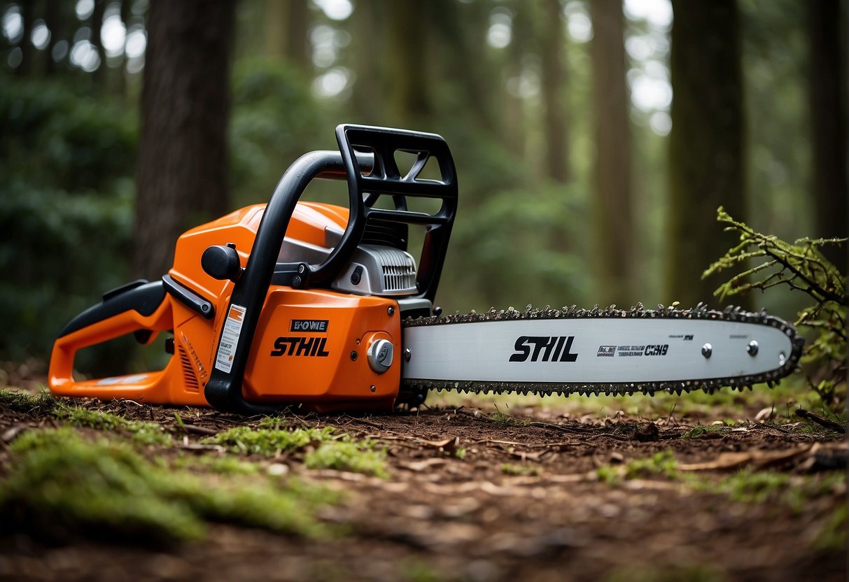 A sturdy chainsaw (Echo CS-590) stands next to a robust competitor (Stihl), both exuding reliability and strength