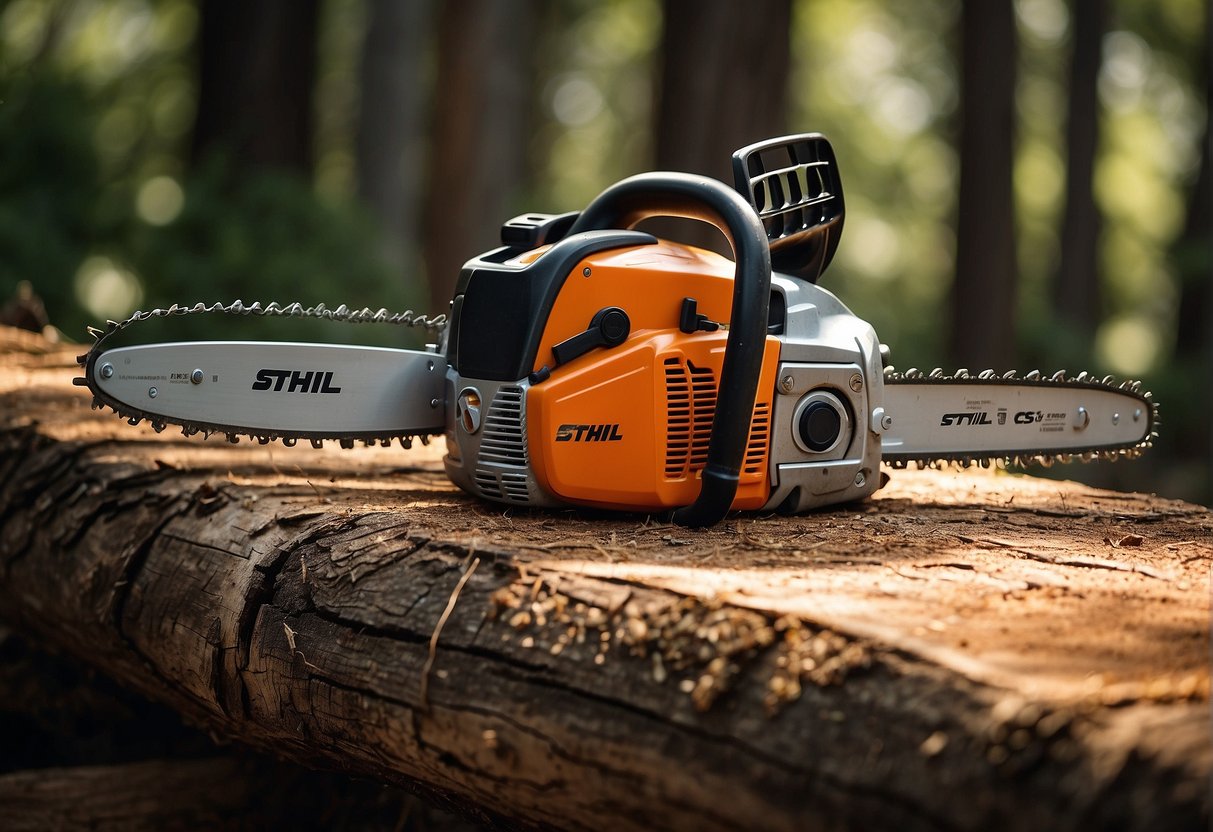 Two chainsaws, Echo CS-590 and Stihl, sit side by side on a wooden workbench, surrounded by fallen tree branches and sawdust