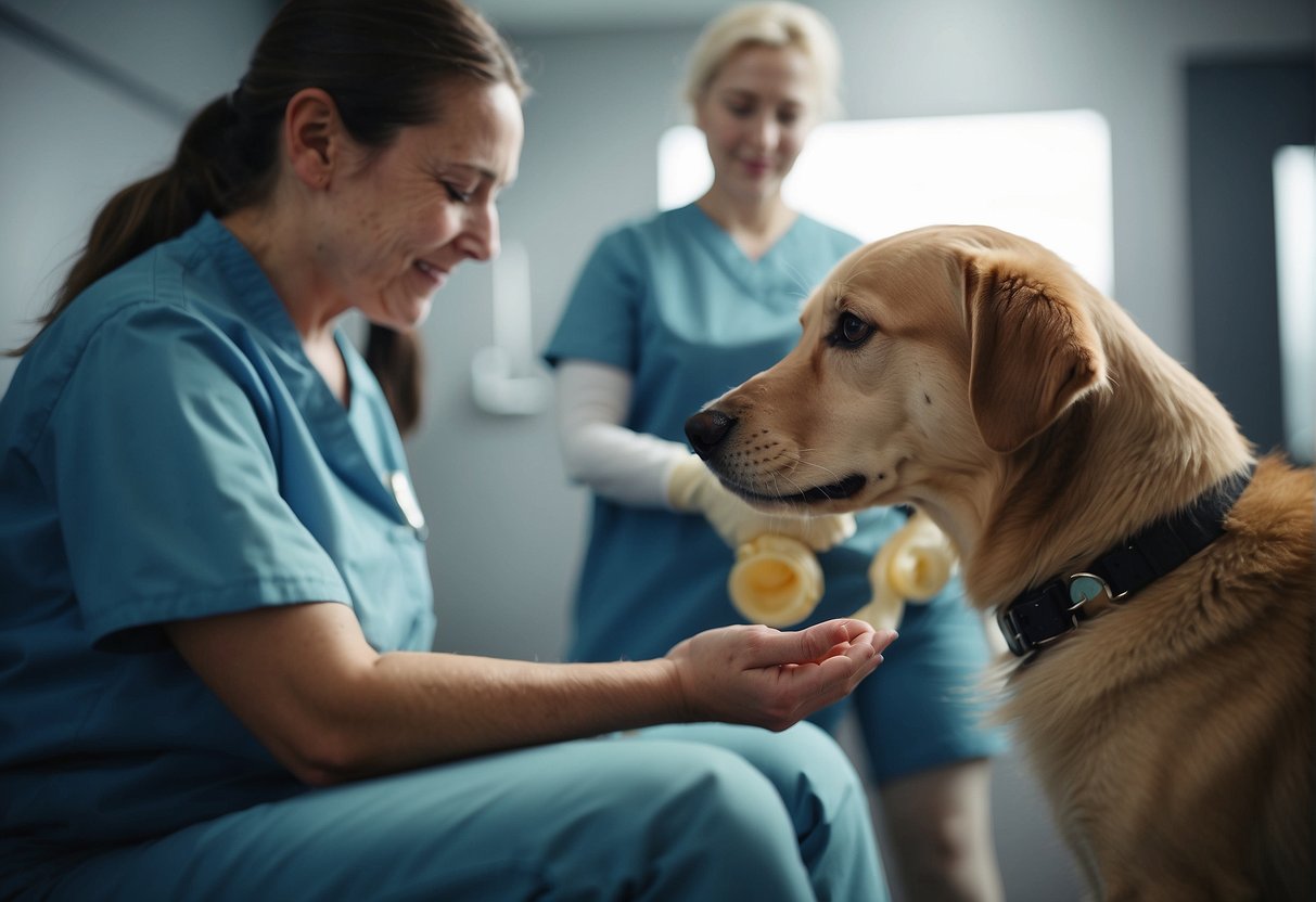 A dog with arthrosis is being comforted by a vet, receiving medication and gentle massage