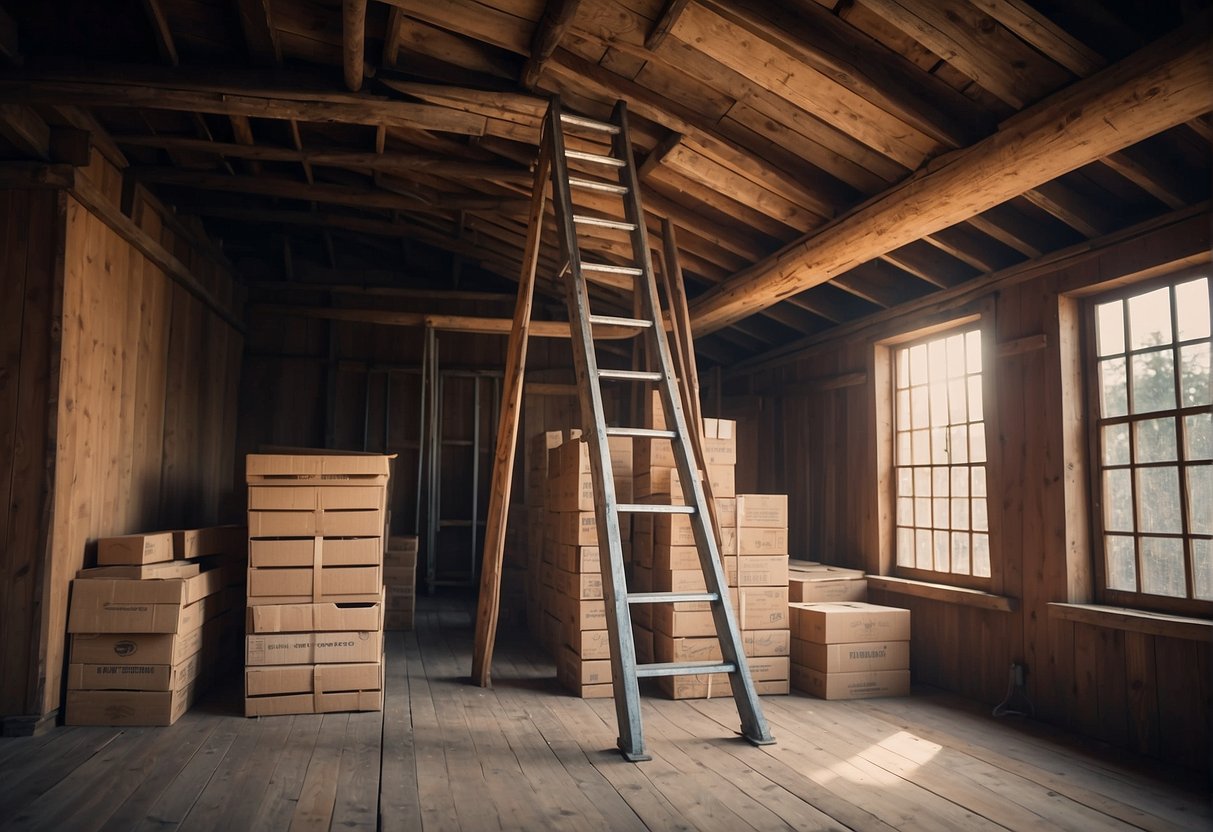 A wooden attic ladder stands next to an aluminum one, both extended and ready for use, surrounded by dusty old boxes and cobwebs