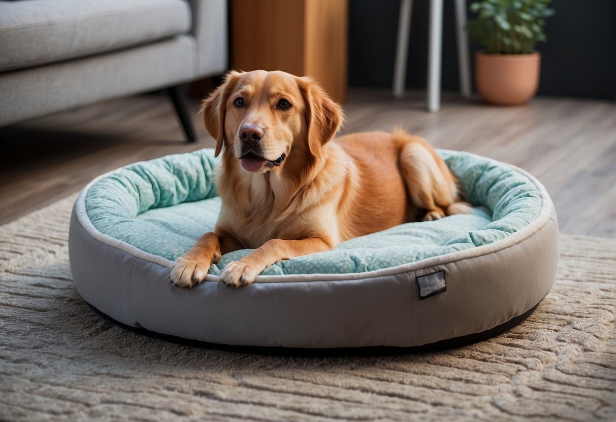 A cozy dog bed with soft, supportive padding. A raised food and water bowl stand to reduce strain. A non-slip floor surface for stability