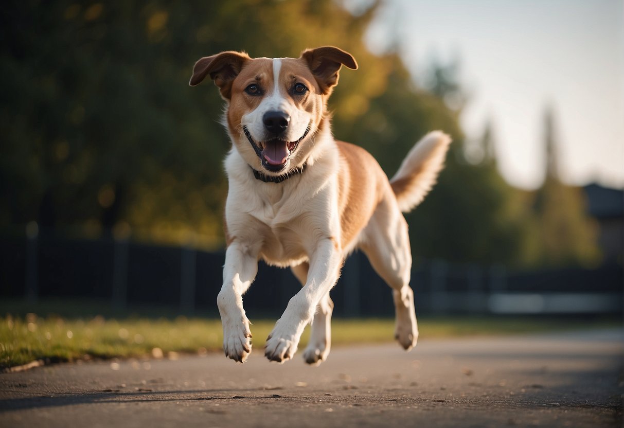 A dog with arthrosis moves with difficulty, bearing weight on its hind legs