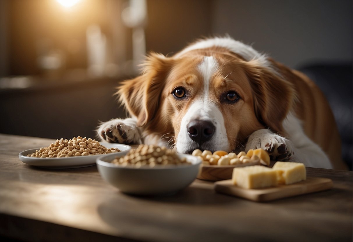 A dog eating a bowl of joint-supporting food, with supplements and treats nearby. The dog appears happy and healthy, with a wagging tail