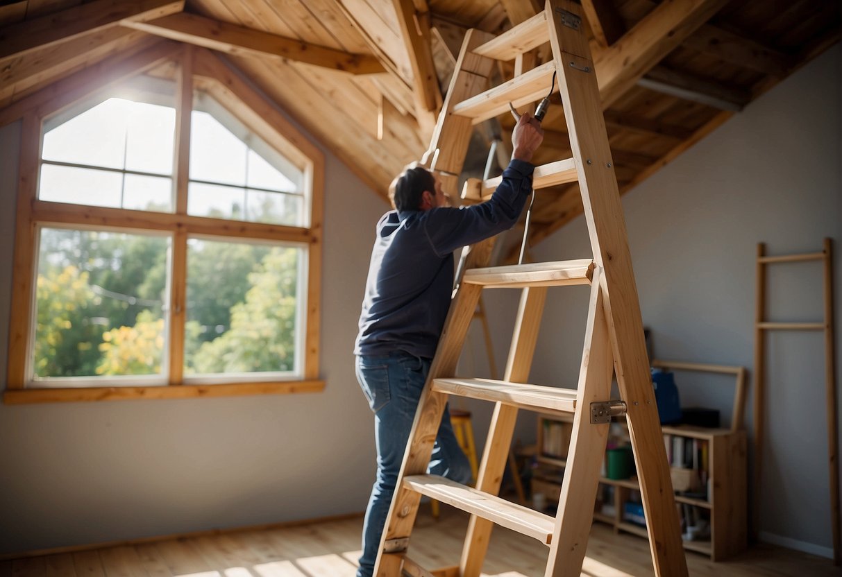 A wooden attic ladder is being used carefully, while an aluminum ladder is being inspected for safety