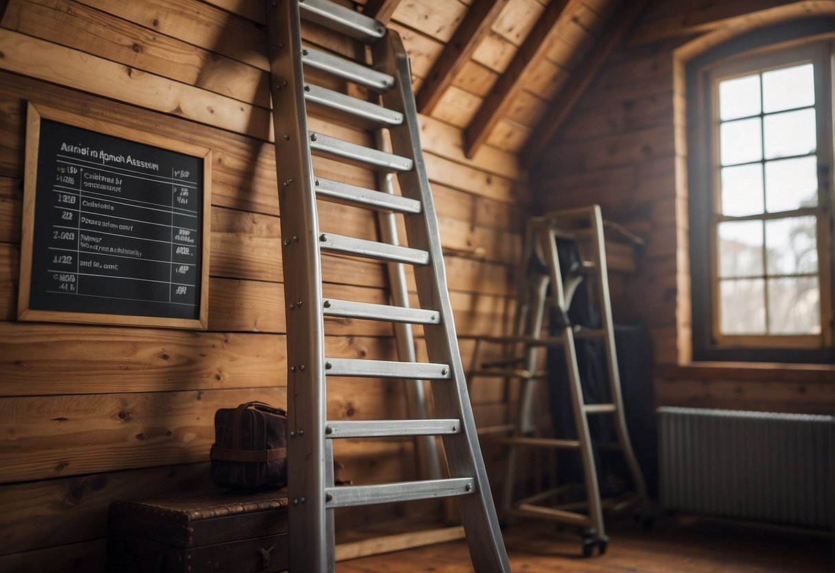 A wooden and aluminum attic ladder sit side by side, with a price tag and quality assessment chart next to each