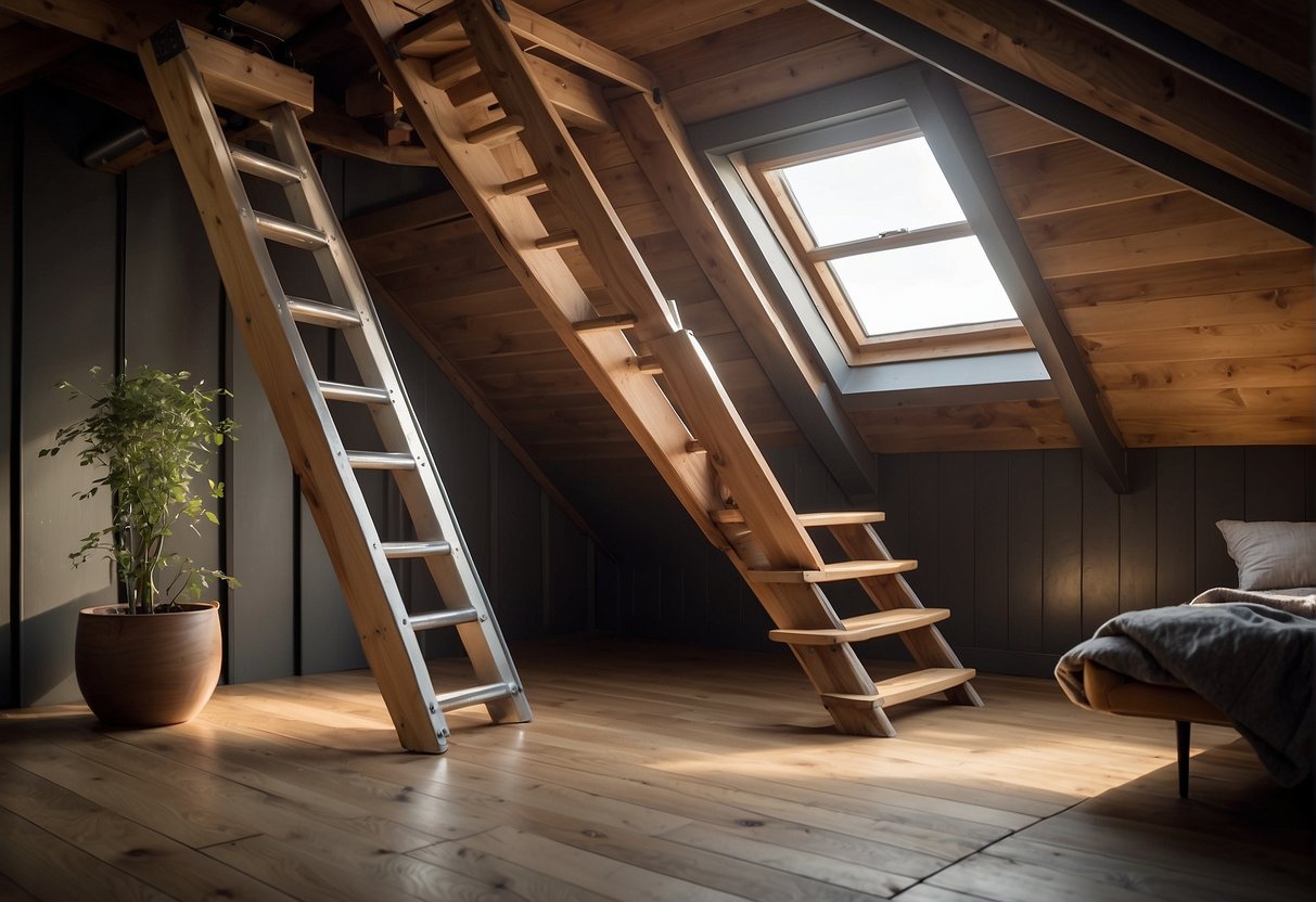 A wooden attic ladder blends seamlessly with the rustic interior, while an aluminum ladder offers a modern and sleek look. Both provide easy access to the attic, enhancing the functionality of the space