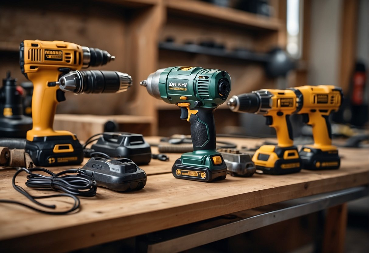 A hand holds a corded hammer drill next to a cordless hammer drill on a workbench. The drills are positioned side by side, with their cords or batteries visible
