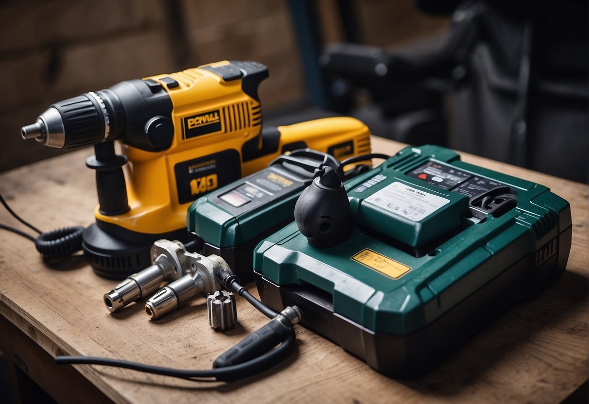 A hammer drill with a cord lies next to a cordless hammer drill. Both drills are surrounded by technical specifications and measurements