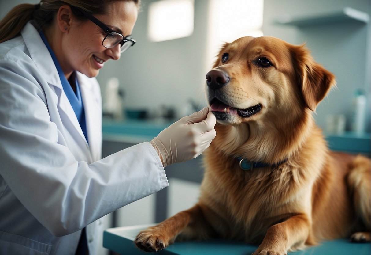 A dog receiving its regular worming treatment from a veterinarian