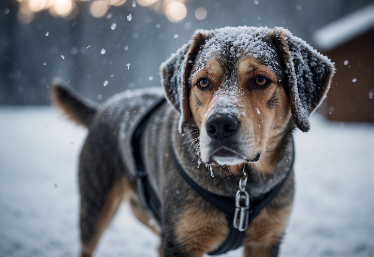 A shivering dog stands in the snow, with frost on its fur, looking uncomfortable