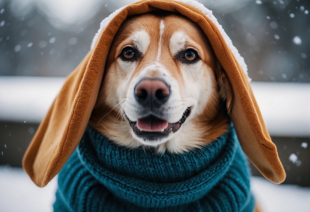A dog shivering in the cold, surrounded by snow and wearing a cozy sweater for protection