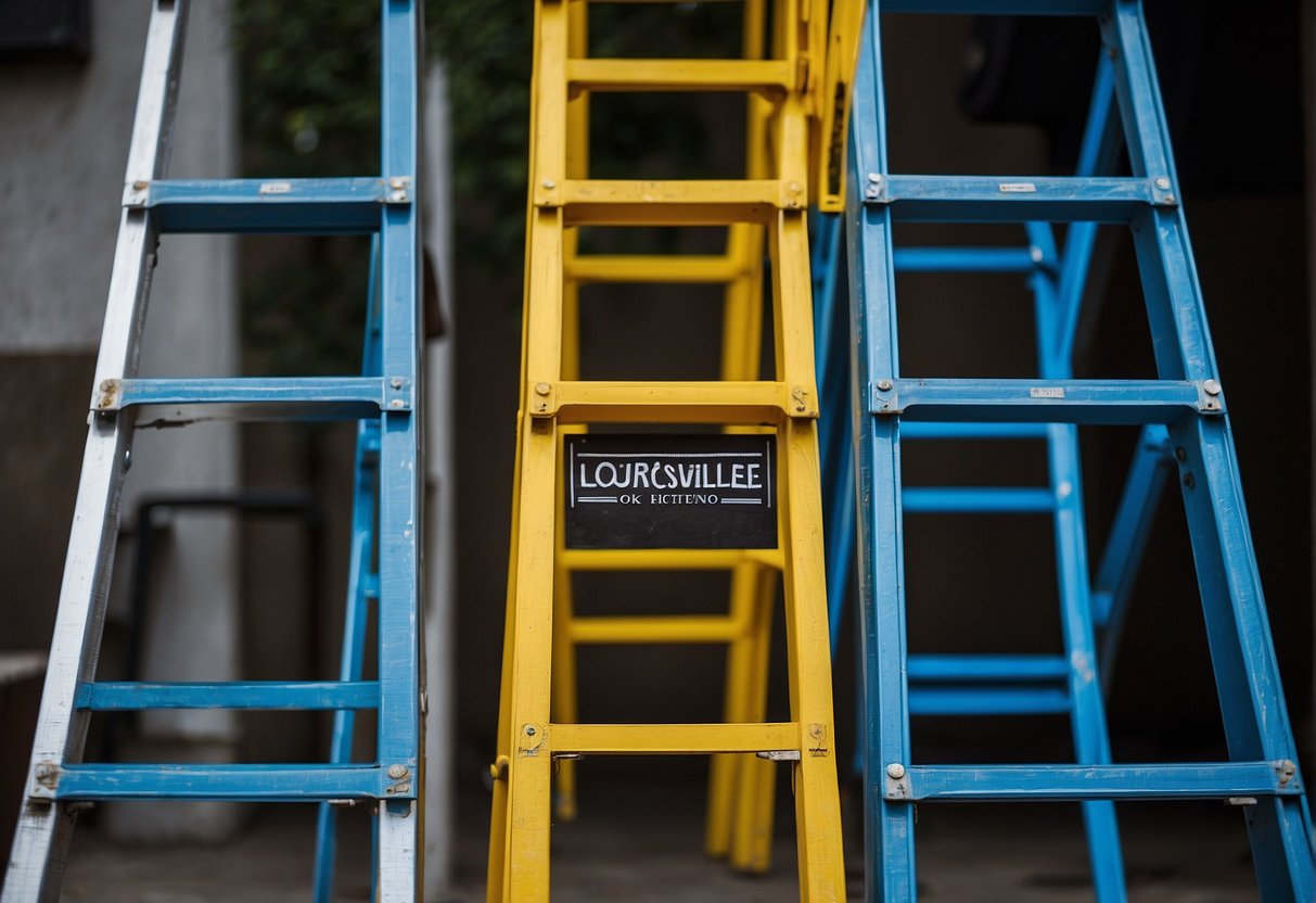 Two ladders standing side by side, one labeled "Louisville" and the other "Werner." They are both tall and sturdy, with contrasting colors and designs