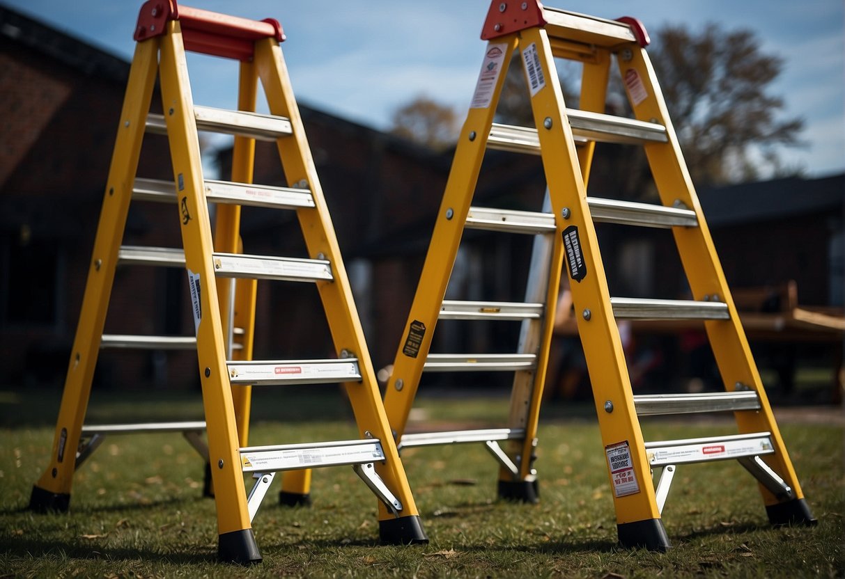 A Louisville ladder and a Werner ladder stand side by side, each prominently displaying their safety features and certifications
