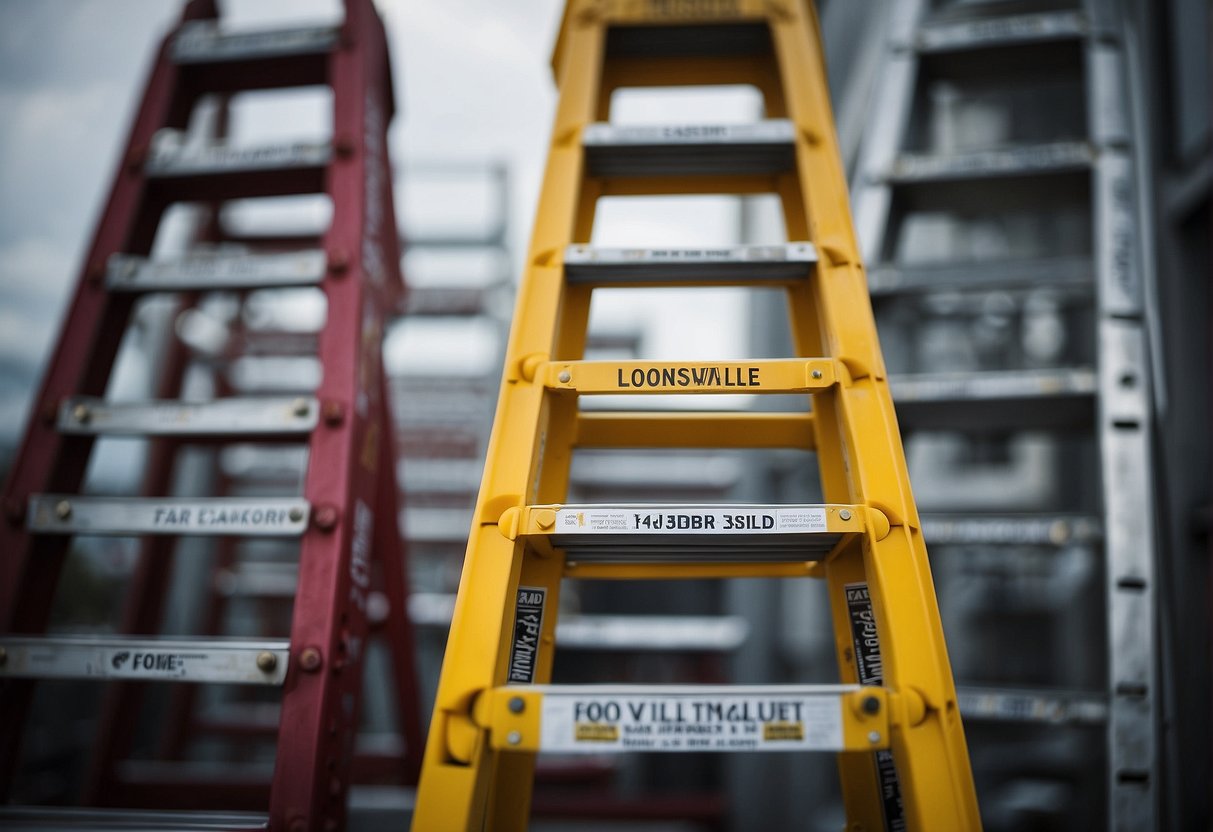 Two ladders side by side, one labeled "Louisville Ladder" and the other "Werner." Each ladder is labeled with its respective price and a list of features, highlighting their value for money
