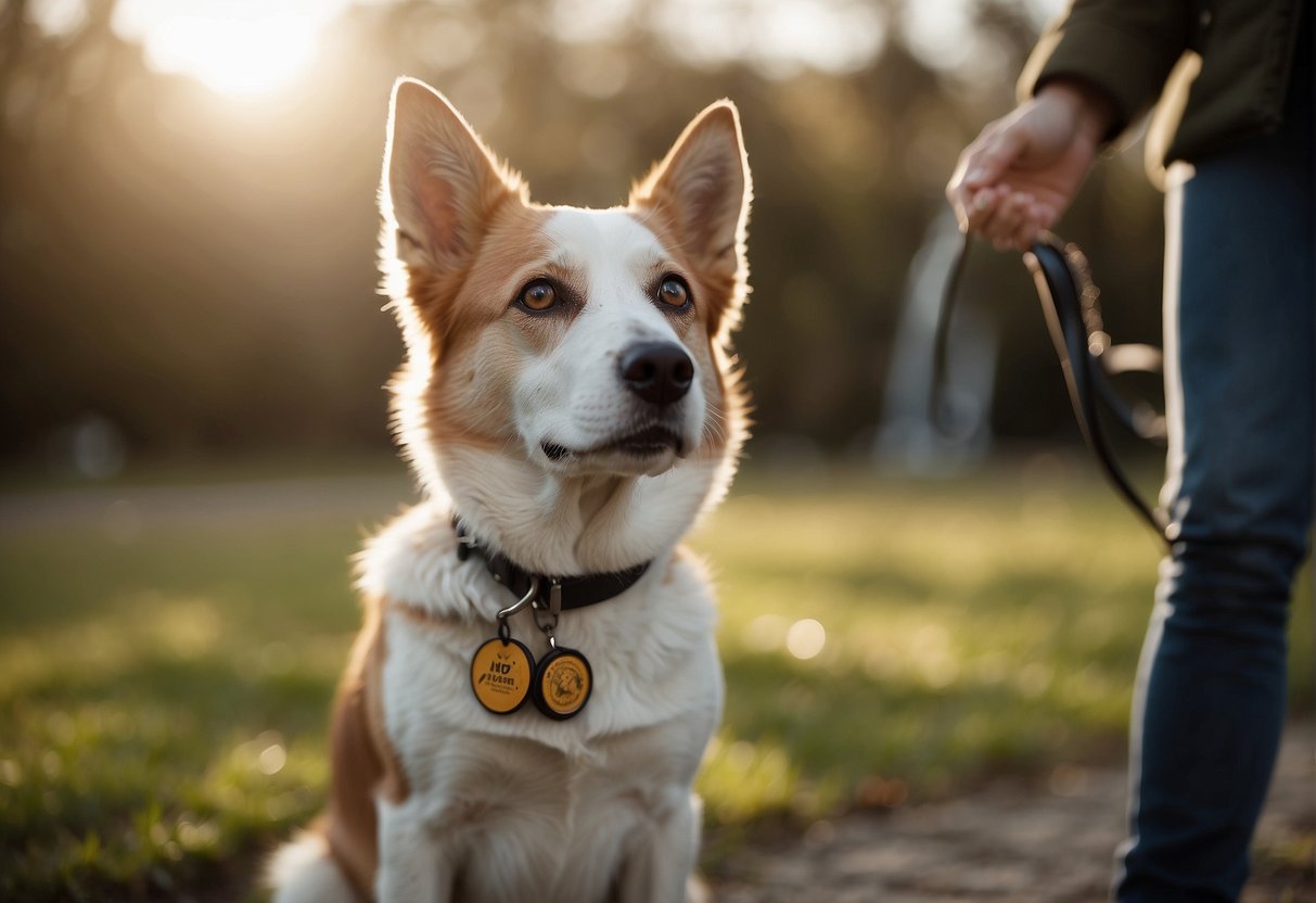 A dog sitting attentively, looking up at its owner with adoring eyes. Training equipment like a leash and treats are nearby, highlighting the bond between dog and owner