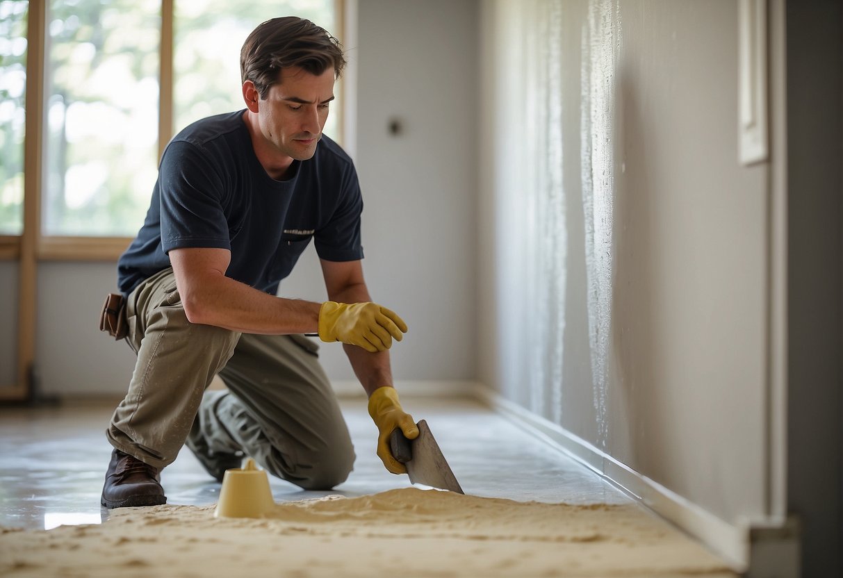 A worker applies a thin layer of skim coat to smooth and level sheetrock surface