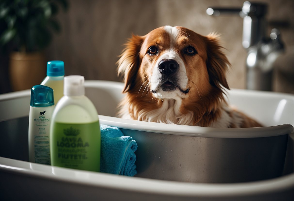 A dog being bathed in a tub, surrounded by bottles of dog shampoo and a towel