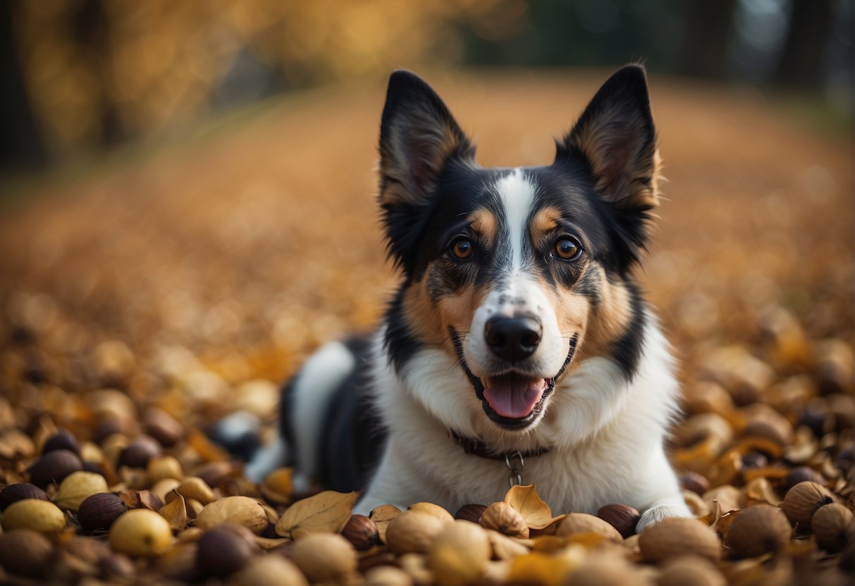 A dog happily munching on nuts, surrounded by fallen leaves and a few scattered nuts on the ground