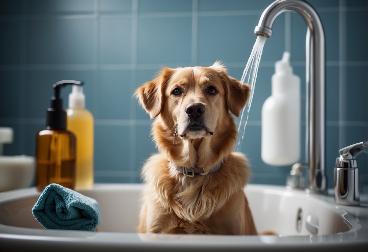A dog being bathed with the right grooming products, with a question about how often they should be bathed