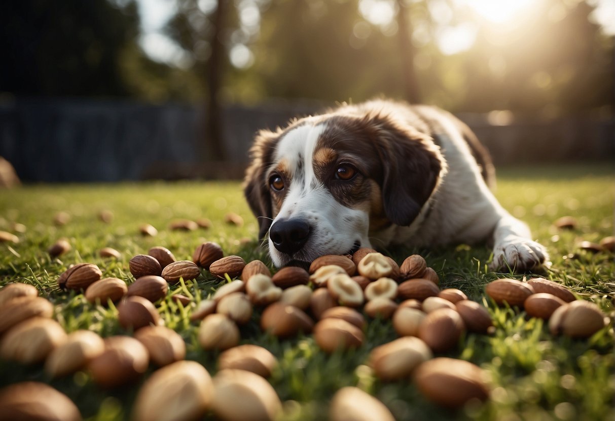 Various types of nuts scattered on the ground with a curious dog sniffing them, looking for signs of edibility