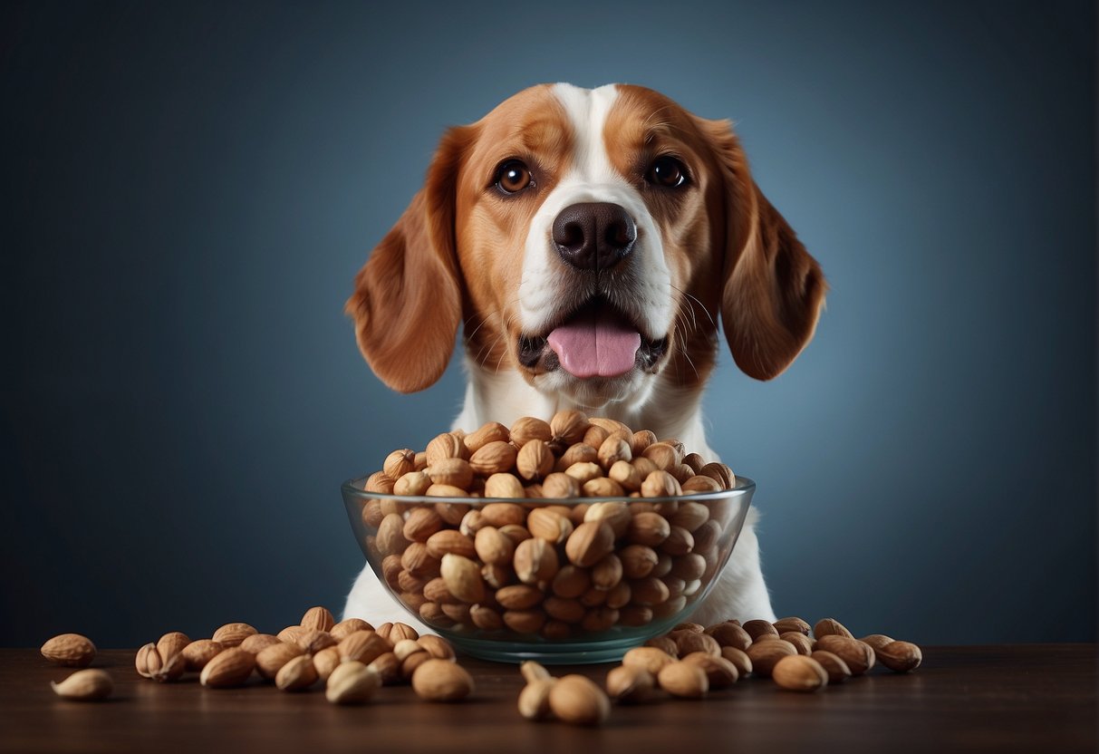 A dog looking at a bowl of nuts with a question mark above its head