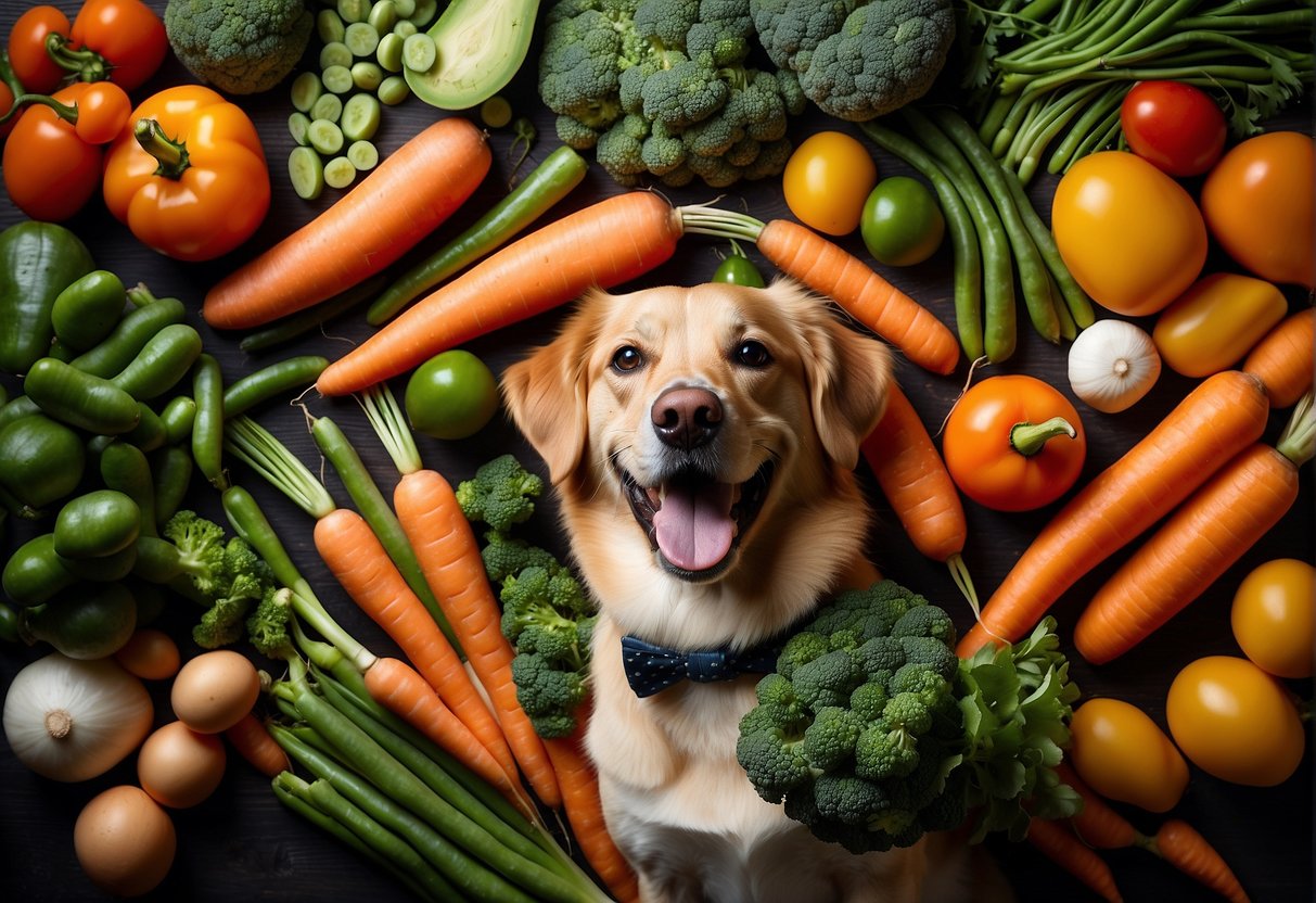 glücklicher hund mit viel gemüse