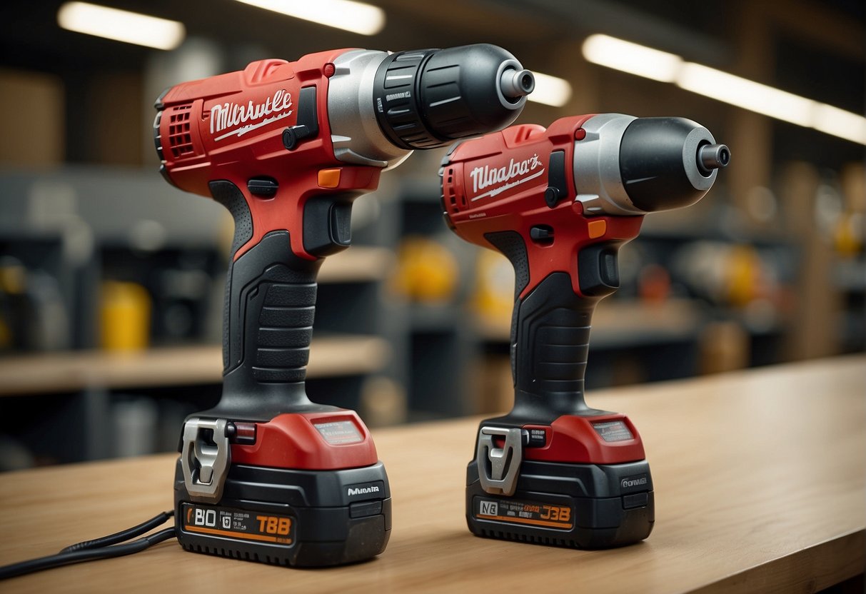 Two power tool models, dcb1112 and dcb118, displayed side by side with warranty and support information