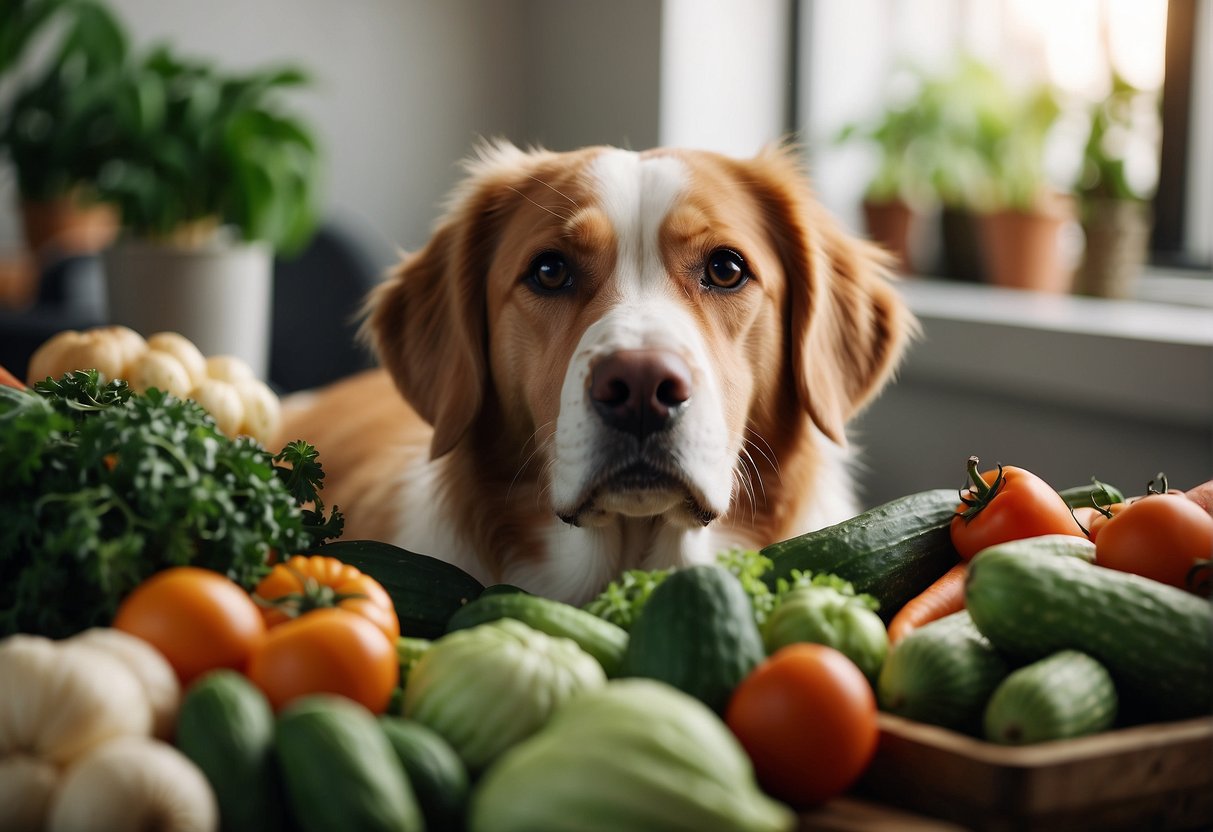 A dog surrounded by various vegetables, looking curious and eager to eat