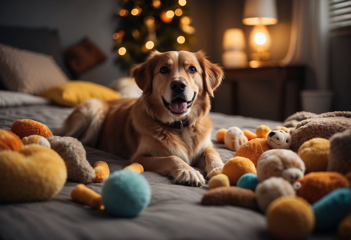 A dog lying on a soft bed, surrounded by toys and treats. A person gently grooming and petting the dog, with a warm and loving expression on their face