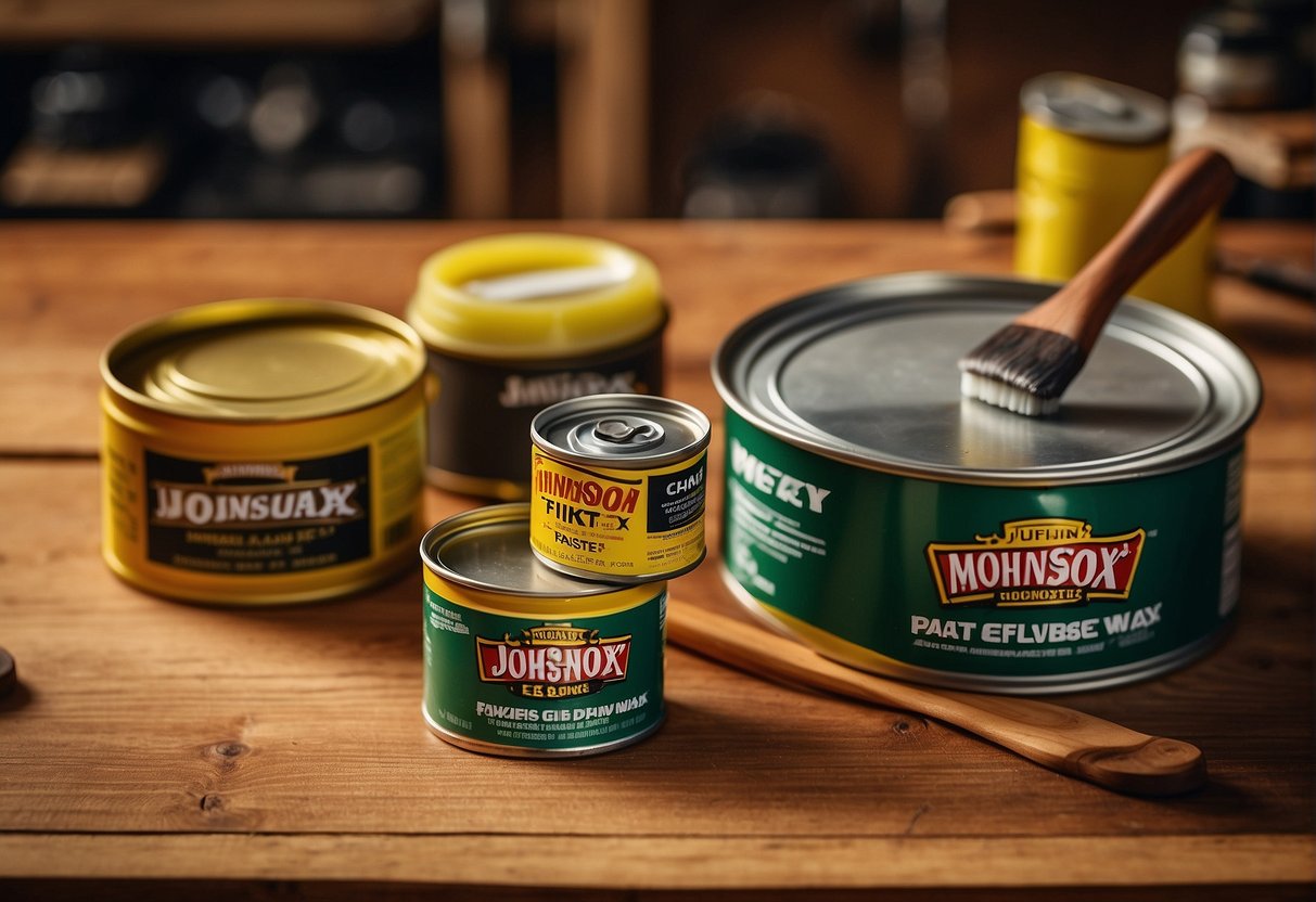 A can of Johnson Paste Wax sits next to a can of Minwax on a wooden workbench, surrounded by various woodworking tools and materials