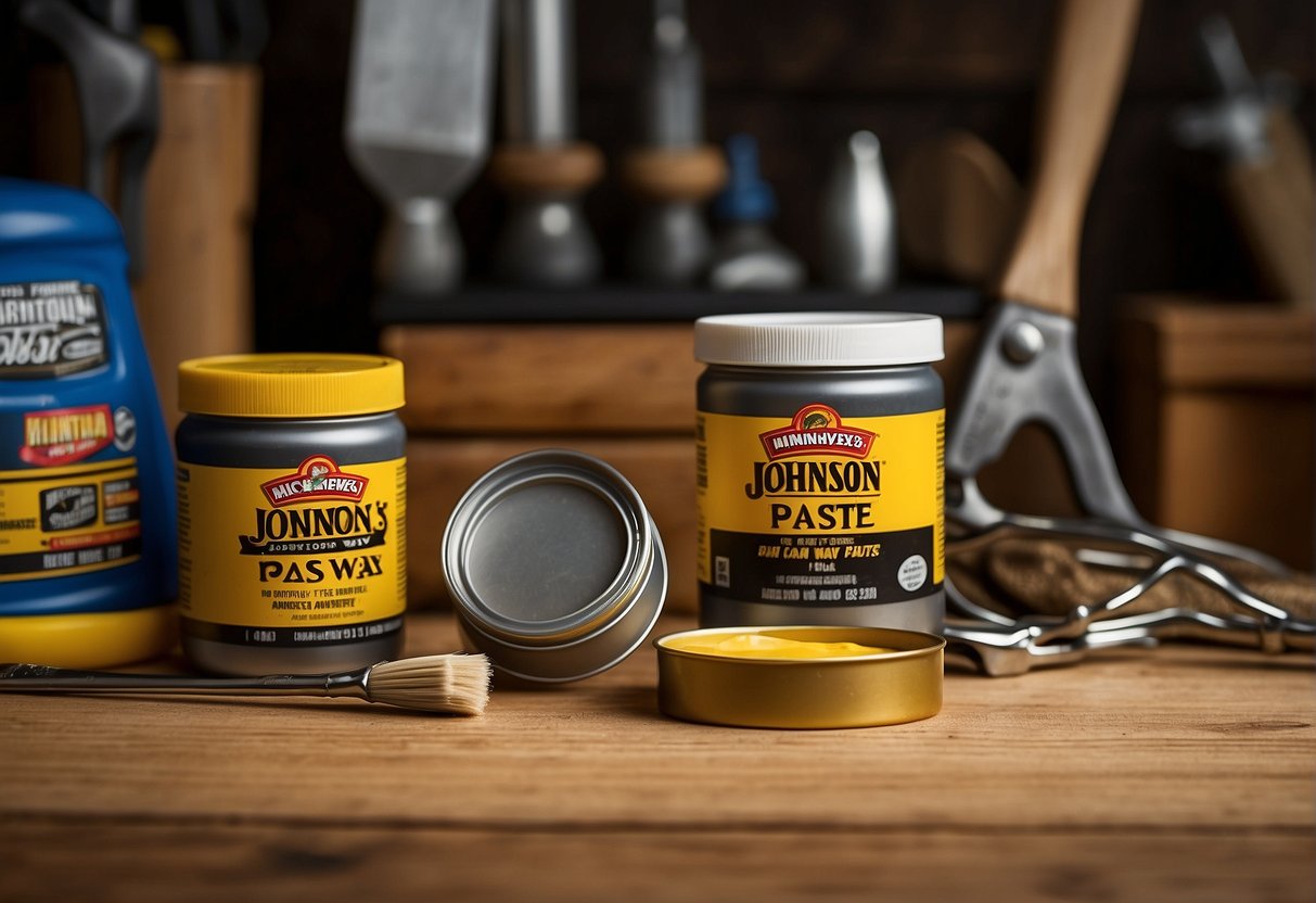 A can of Johnson Paste Wax sits next to a container of Minwax on a wooden workbench, surrounded by various woodworking tools and materials