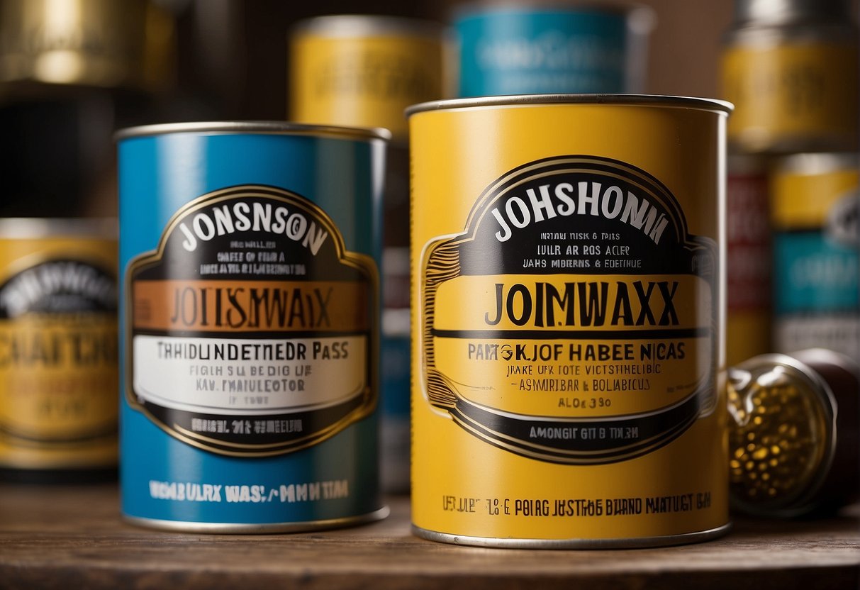 A table with two cans of wax, Johnson Paste Wax and Minwax, placed side by side. The labels are facing the viewer, and there are small samples of each wax nearby for comparison