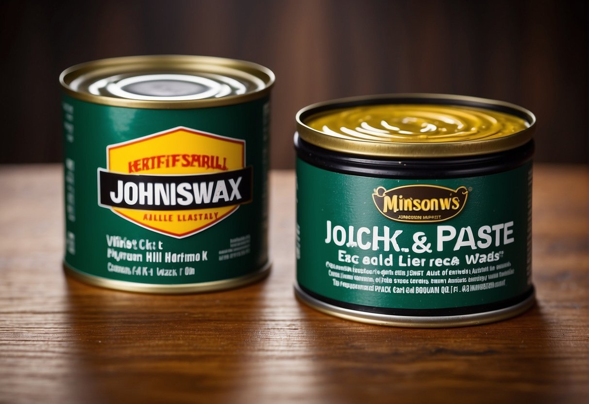 A can of Johnson Paste Wax and a can of Minwax are placed side by side on a wooden table, with a few wood surfaces in the background