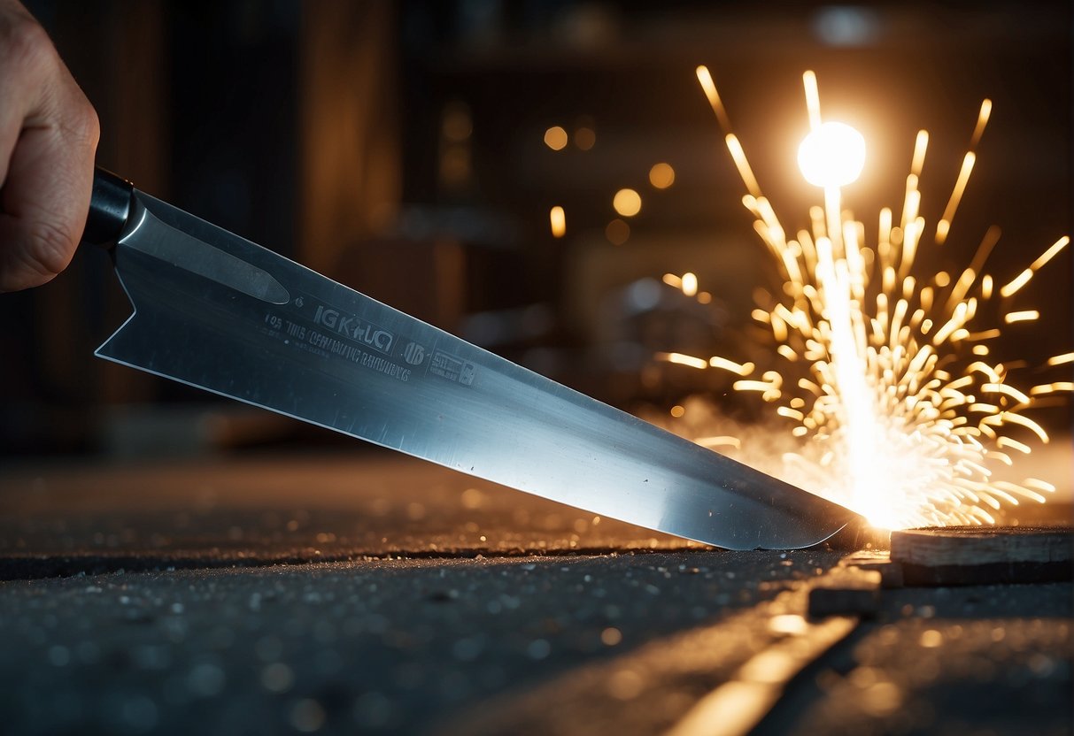 Two sharp drywall blades clash with a utility blade, creating sparks in a dimly lit workshop