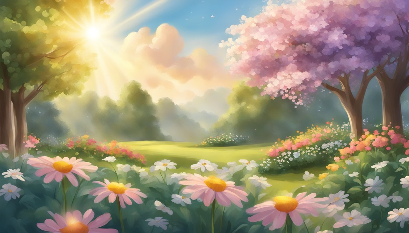 A serene garden with blooming flowers and a gentle breeze, while a beam of sunlight shines through the clouds, casting a warm glow over the surroundings
