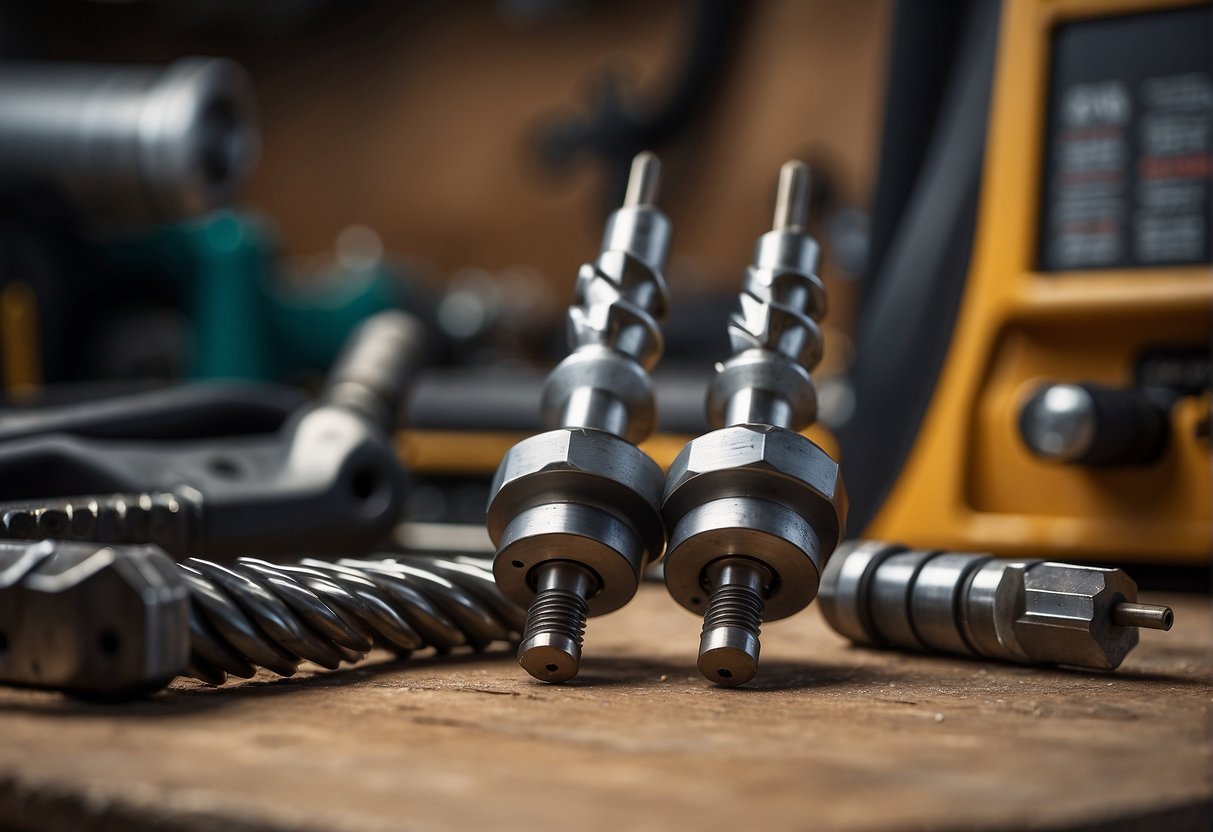 A left-handed drill bit and a right-handed drill bit are positioned next to each other on a workbench, ready for use