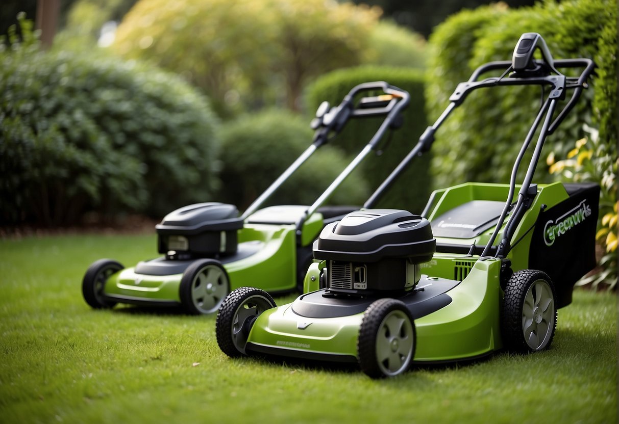 A lush green garden with two cordless lawn mowers side by side, one labeled "greenworks 80v" and the other "greenworks 60v."
